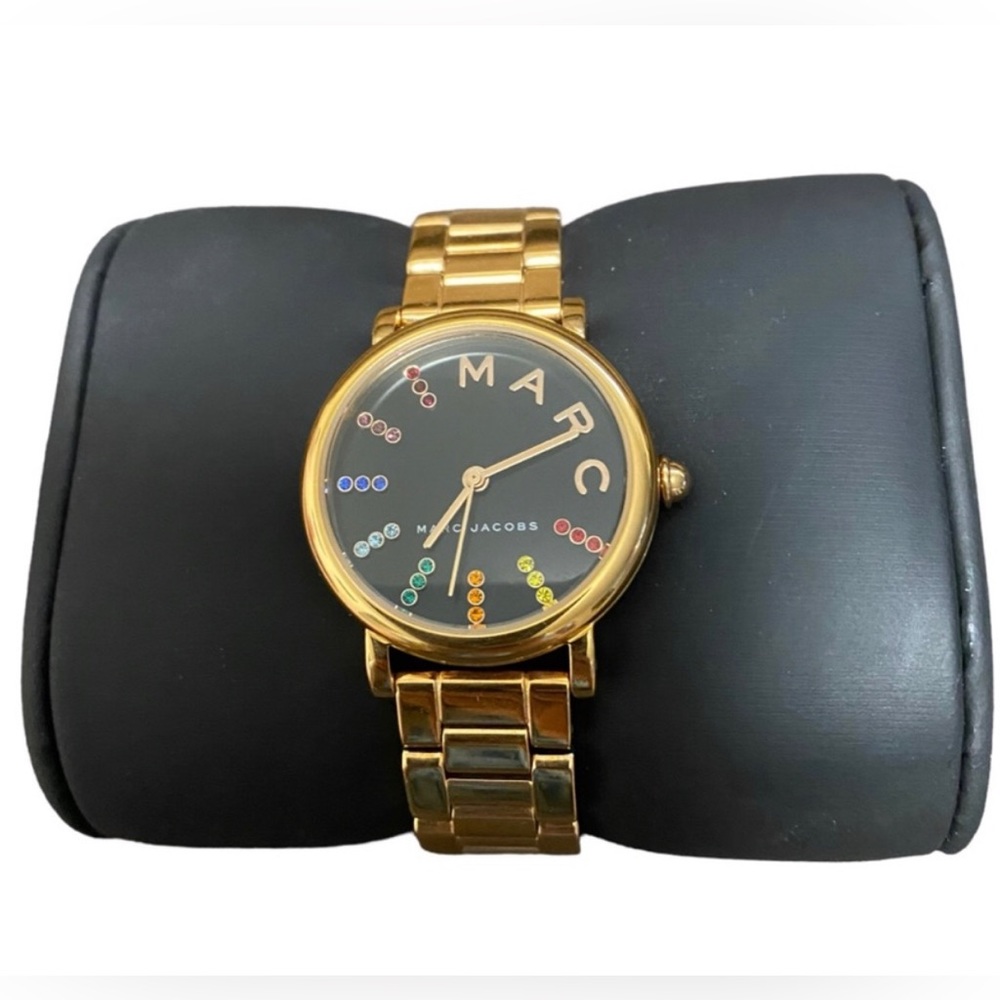 Marc by Marc Jacobs Womens Classic Rainbow Crystal Black Dial Gold Tone Watch